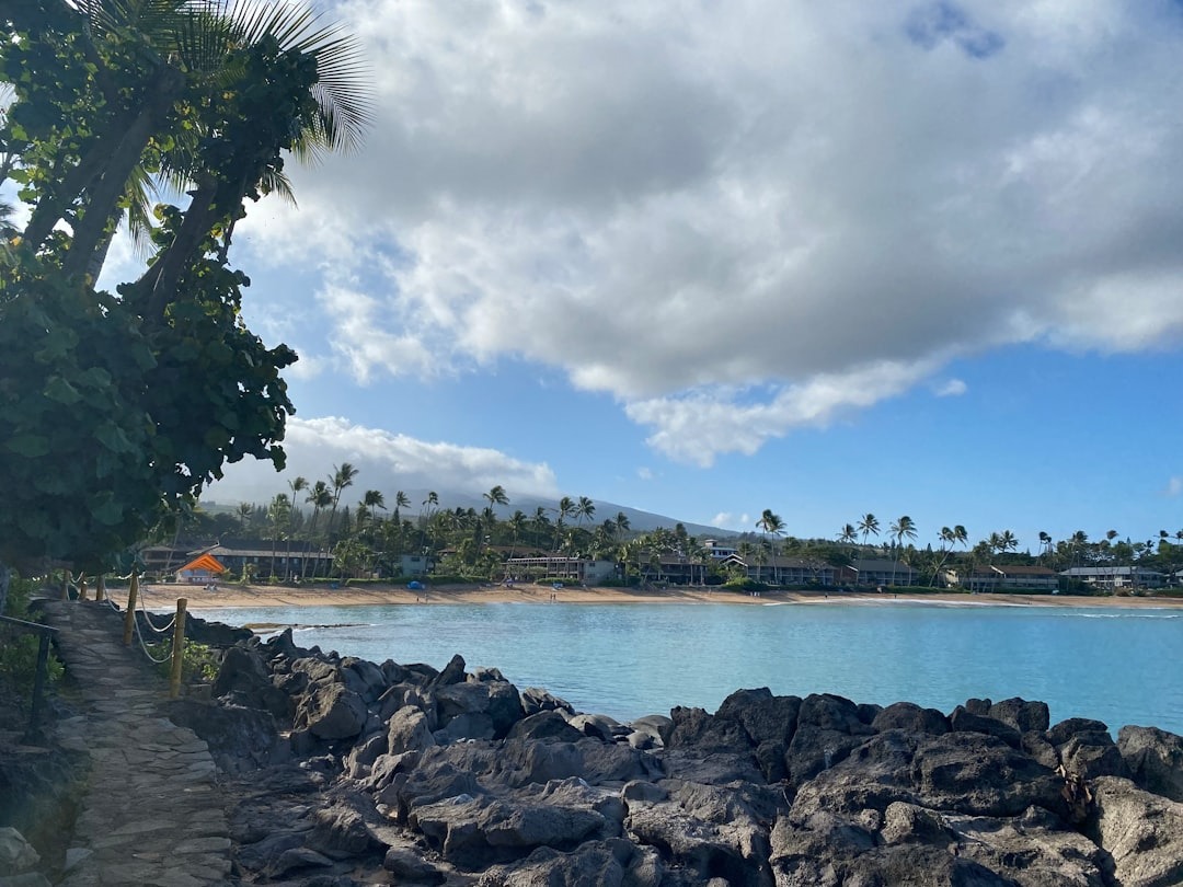 Napili Bay seen from the lava rock at the end of the crescent, with the beach and low-rise resorts curving away behind the water